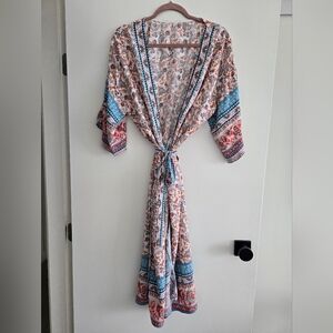 Floral Kimono Robe with Blue Accents